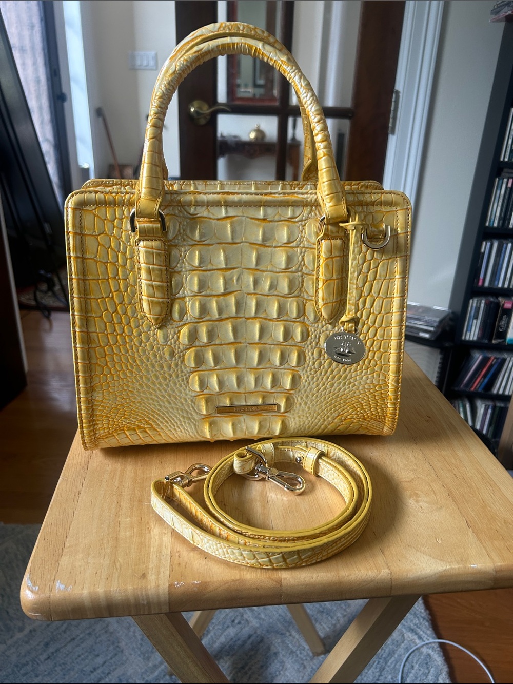 Brahmin Croc-Embossed Yellow Top-Handle Satchel with Removable Strap